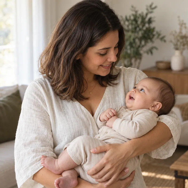 Mãe com bebê no colo, atendimento de osteopatia pediátrica em Cascavel/PR